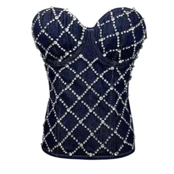 Rhinestone Strapless Overbust Denim corset top. Size S-M. - Picture 2 of 9